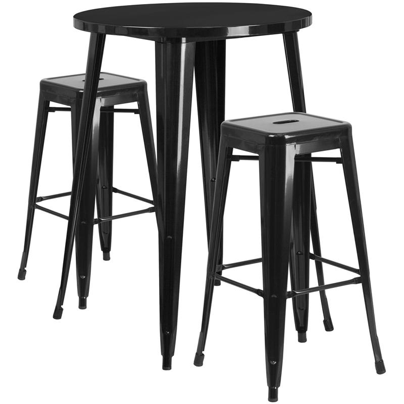 30" Round Black Metal Indoor-Outdoor Bar Table Set with 2 Seat Backless Stools. Picture 2