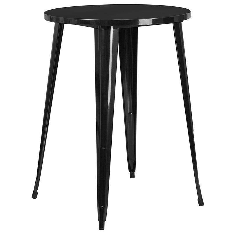 30" Round Black Metal Indoor-Outdoor Bar Table Set with 2 Seat Backless Stools. Picture 4