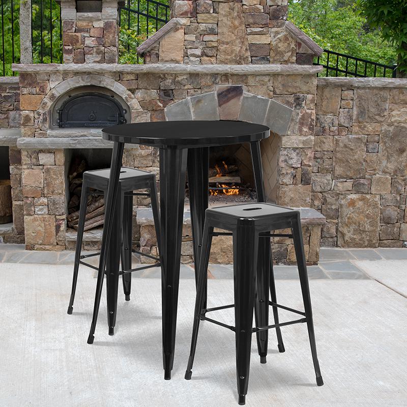 30" Round Black Metal Indoor-Outdoor Bar Table Set with 2 Seat Backless Stools. Picture 1