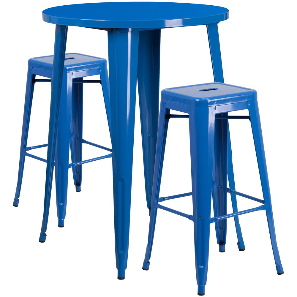 Commercial Grade 30" Round Blue Metal Indoor-Outdoor Bar Table Set with 2 Square Seat Backless Stools. Picture 1