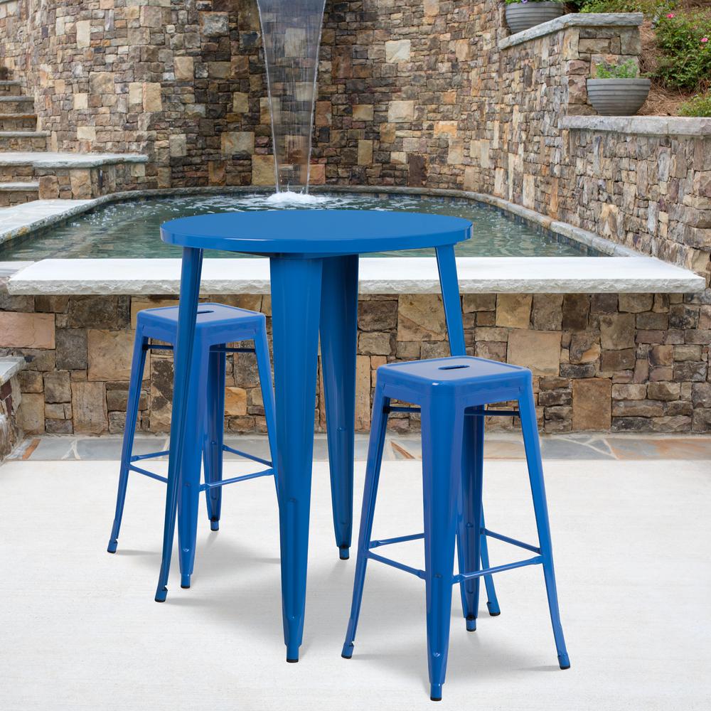 Commercial Grade 30" Round Blue Metal Indoor-Outdoor Bar Table Set with 2 Square Seat Backless Stools. Picture 4