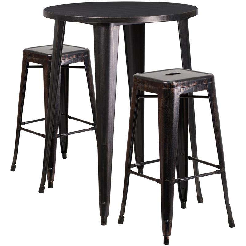 30"Round Black-Antique Gold Metal In-Outdoor Bar Table Set-2 Square Seat Stools. Picture 2