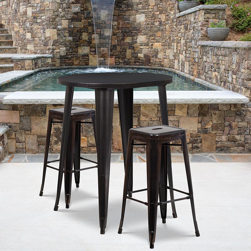 30"Round Black-Antique Gold Metal In-Outdoor Bar Table Set-2 Square Seat Stools. Picture 1