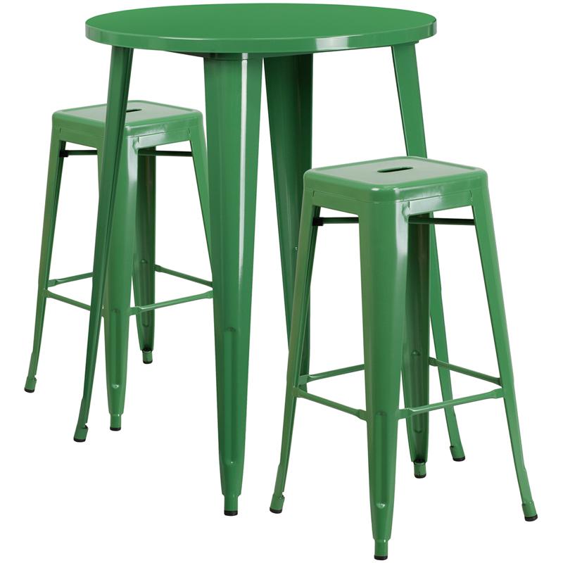 Commercial Grade 30" Round Green Metal Indoor-Outdoor Bar Table Set with 2 Square Seat Backless Stools. Picture 1