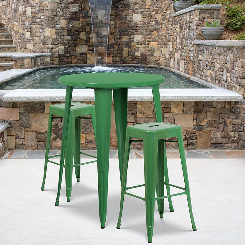 30" Round Green Metal Indoor-Outdoor Bar Table Set with 2 Seat Backless Stools. Picture 1