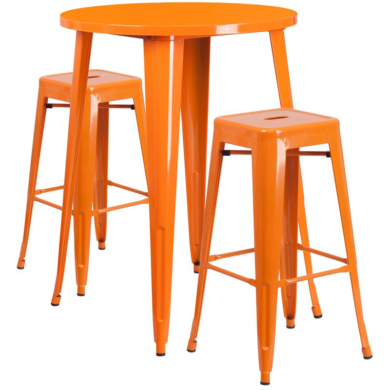 Commercial Grade 30" Round Orange Metal Indoor-Outdoor Bar Table Set with 2 Square Seat Backless Stools. The main picture.