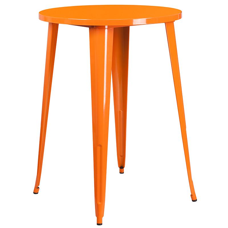 Commercial Grade 30" Round Orange Metal Indoor-Outdoor Bar Table Set with 2 Square Seat Backless Stools. Picture 2