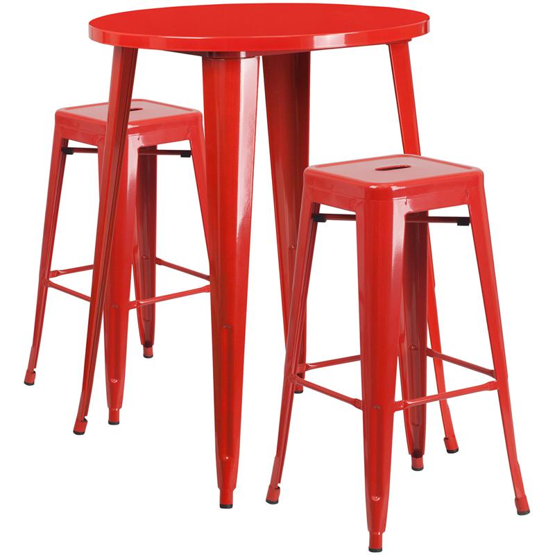 30'' Round Red Metal In-Outdoor Bar Table Set - 2 Square Seat Backless Stools. Picture 2