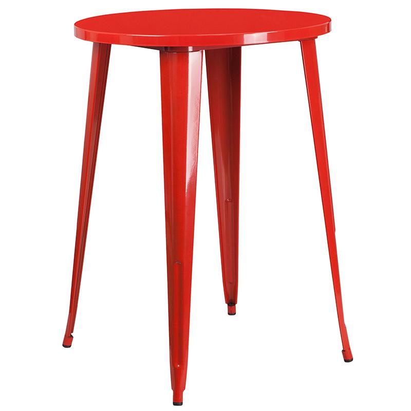 30'' Round Red Metal In-Outdoor Bar Table Set - 2 Square Seat Backless Stools. Picture 4