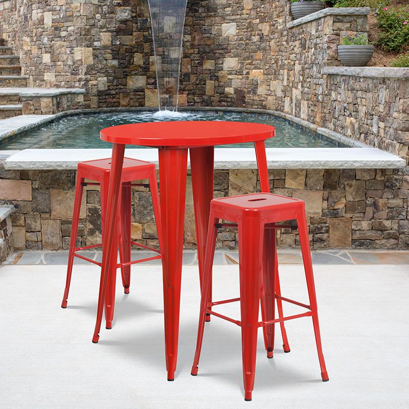 30" Round Red Metal Indoor-Outdoor Bar Table Set with 2 Seat Backless Stools. Picture 1