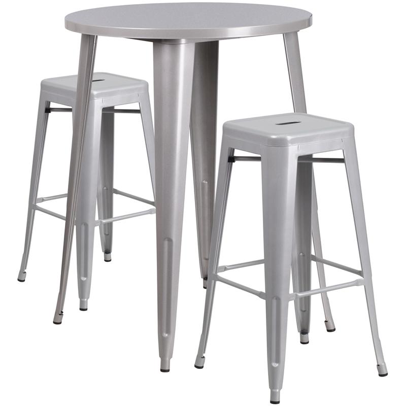 Commercial Grade 30" Round Silver Metal Indoor-Outdoor Bar Table Set with 2 Square Seat Backless Stools. The main picture.