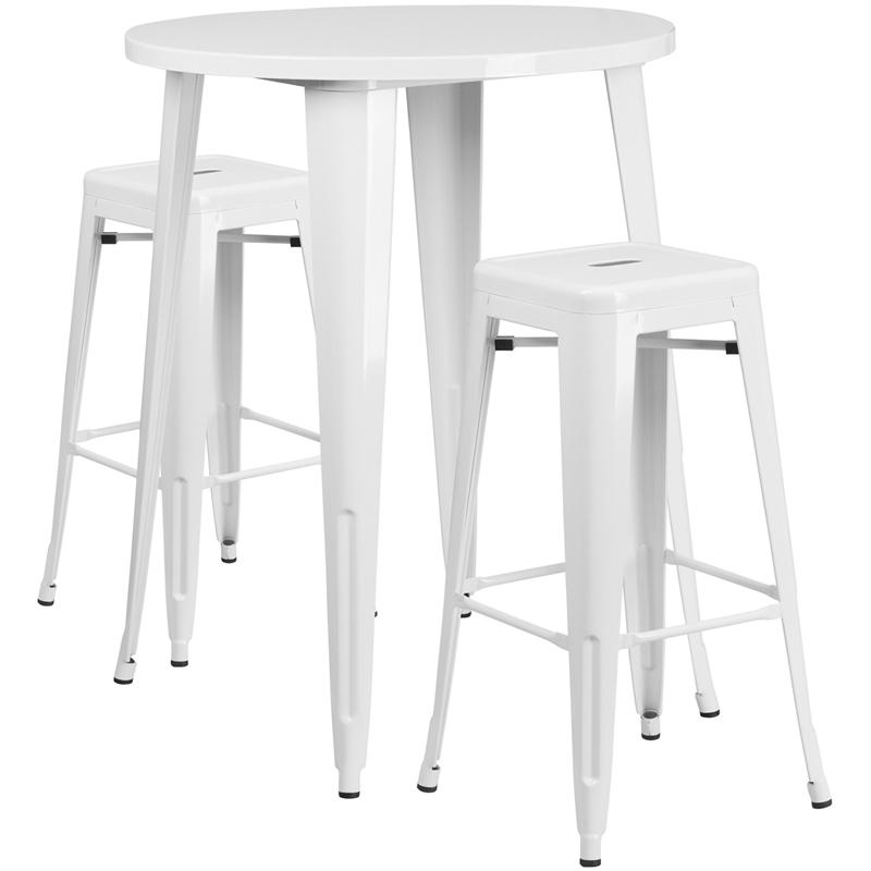 Commercial Grade 30" Round White Metal Indoor-Outdoor Bar Table Set with 2 Square Seat Backless Stools. Picture 1