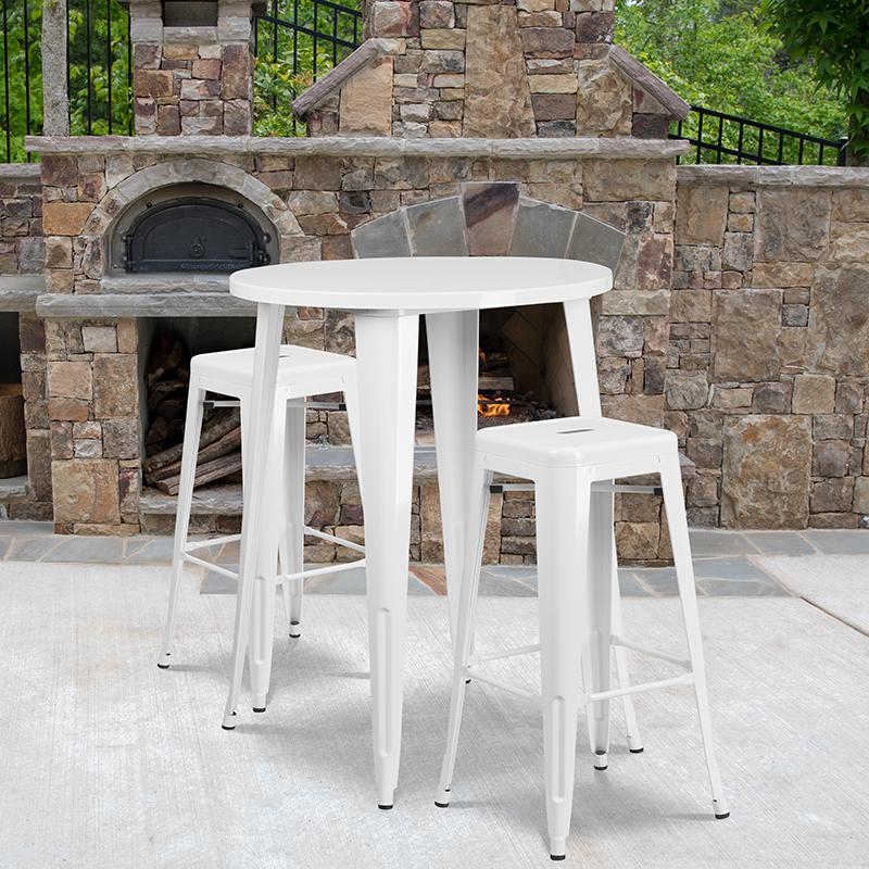 Commercial Grade 30" Round White Metal Indoor-Outdoor Bar Table Set with 2 Square Seat Backless Stools. Picture 4
