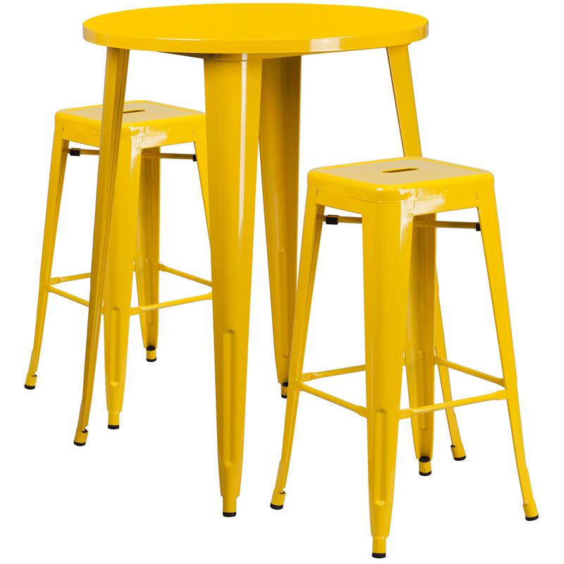 30'' Round Yellow Metal In-Outdoor Bar Table Set-2 Square Seat Backless Stools. Picture 2