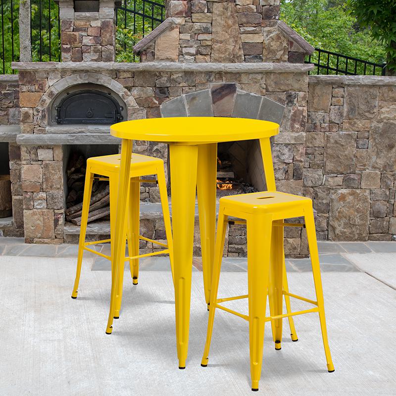 30'' Round Yellow Metal In-Outdoor Bar Table Set-2 Square Seat Backless Stools. Picture 1