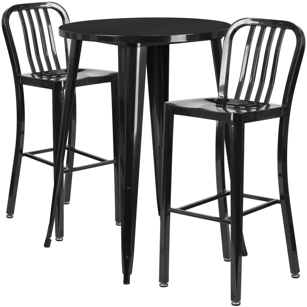 Commercial Grade 30" Round Black Metal Indoor-Outdoor Bar Table Set with 2 Vertical Slat Back Stools. Picture 1
