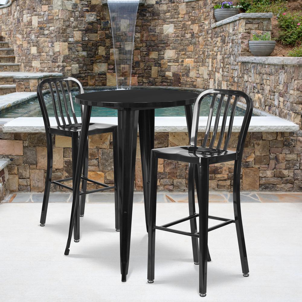 Commercial Grade 30" Round Black Metal Indoor-Outdoor Bar Table Set with 2 Vertical Slat Back Stools. Picture 4