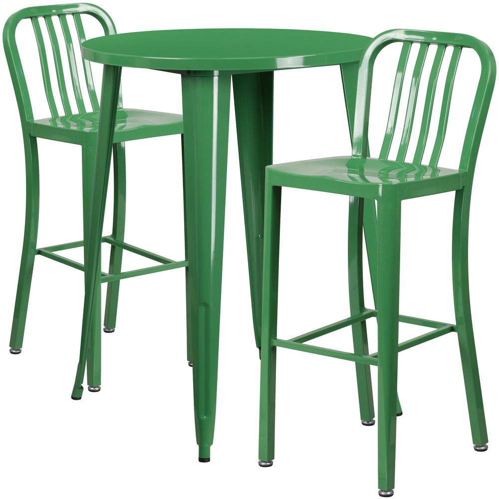 Commercial Grade 30" Round Green Metal Indoor-Outdoor Bar Table Set with 2 Vertical Slat Back Stools. Picture 1
