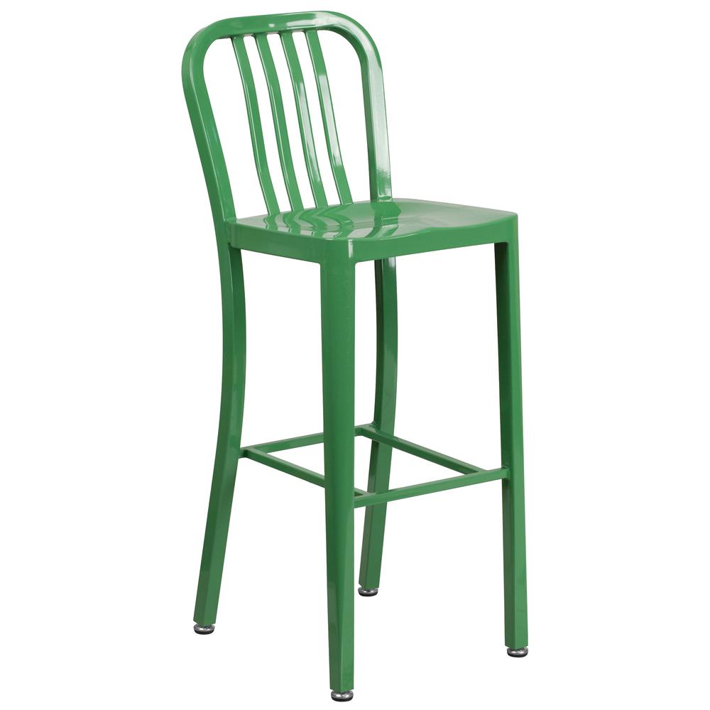 Commercial Grade 30" Round Green Metal Indoor-Outdoor Bar Table Set with 2 Vertical Slat Back Stools. Picture 3