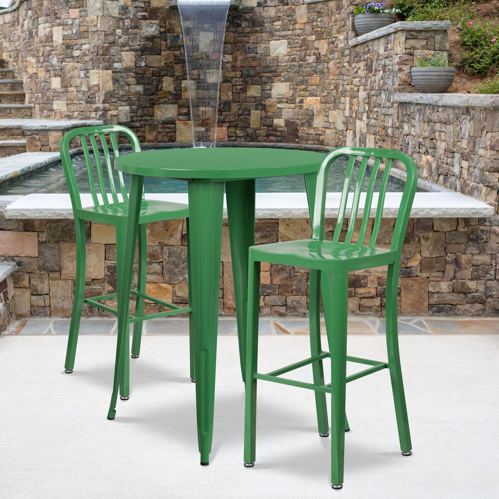 Commercial Grade 30" Round Green Metal Indoor-Outdoor Bar Table Set with 2 Vertical Slat Back Stools. Picture 4