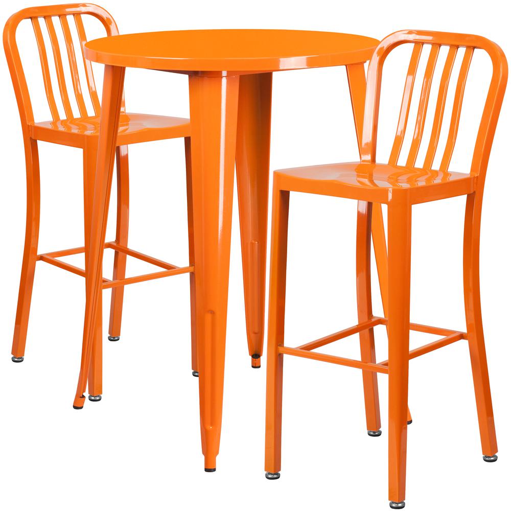 Commercial Grade 30" Round Orange Metal Indoor-Outdoor Bar Table Set with 2 Vertical Slat Back Stools. The main picture.