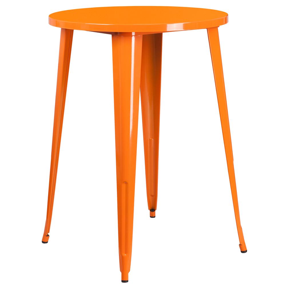 Commercial Grade 30" Round Orange Metal Indoor-Outdoor Bar Table Set with 2 Vertical Slat Back Stools. Picture 2