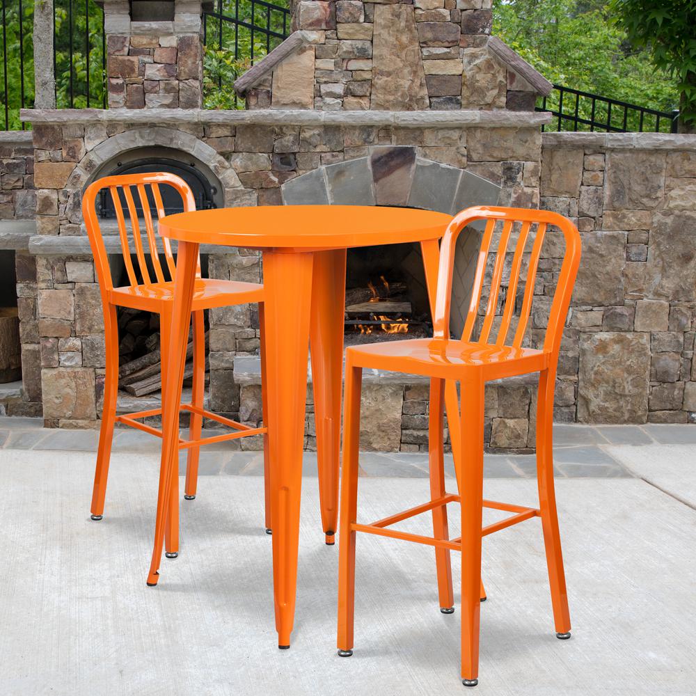 Commercial Grade 30" Round Orange Metal Indoor-Outdoor Bar Table Set with 2 Vertical Slat Back Stools. Picture 4