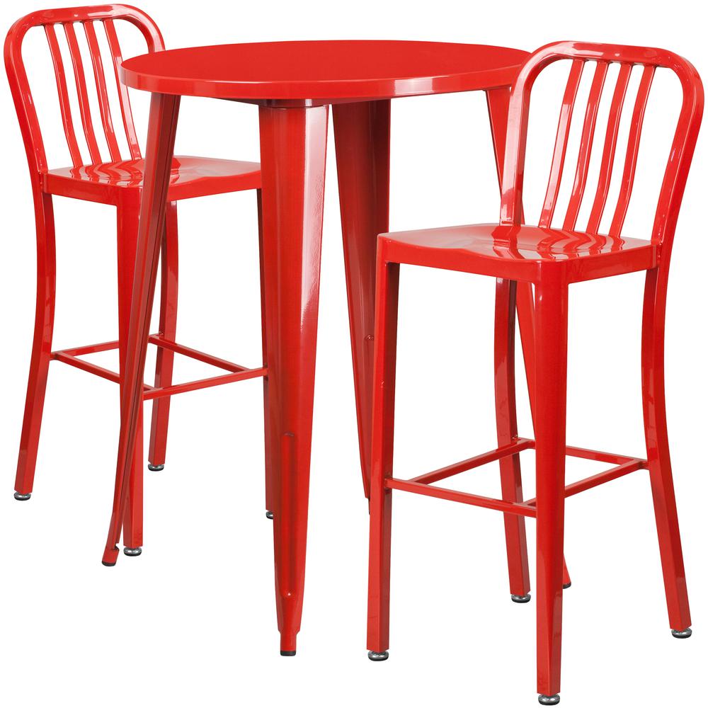 Commercial Grade 30" Round Red Metal Indoor-Outdoor Bar Table Set with 2 Vertical Slat Back Stools. Picture 1