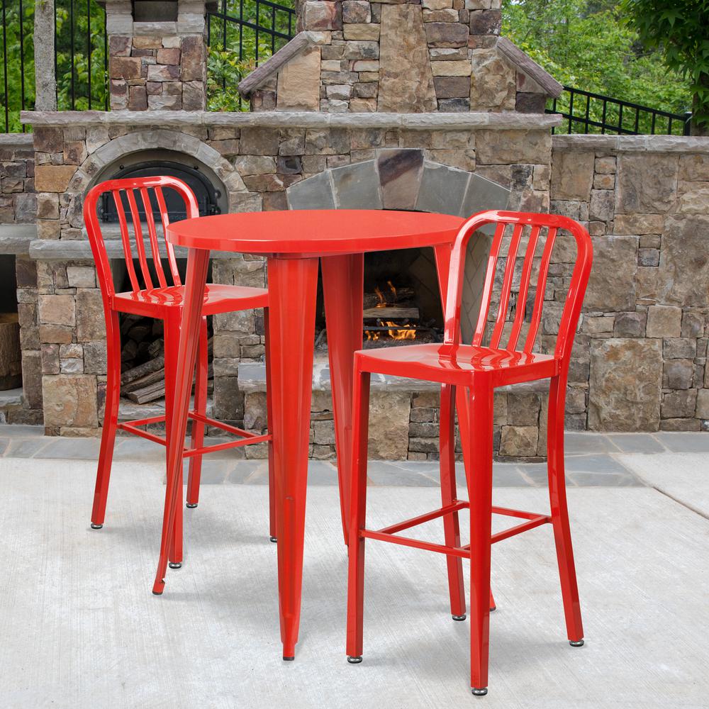 Commercial Grade 30" Round Red Metal Indoor-Outdoor Bar Table Set with 2 Vertical Slat Back Stools. Picture 4