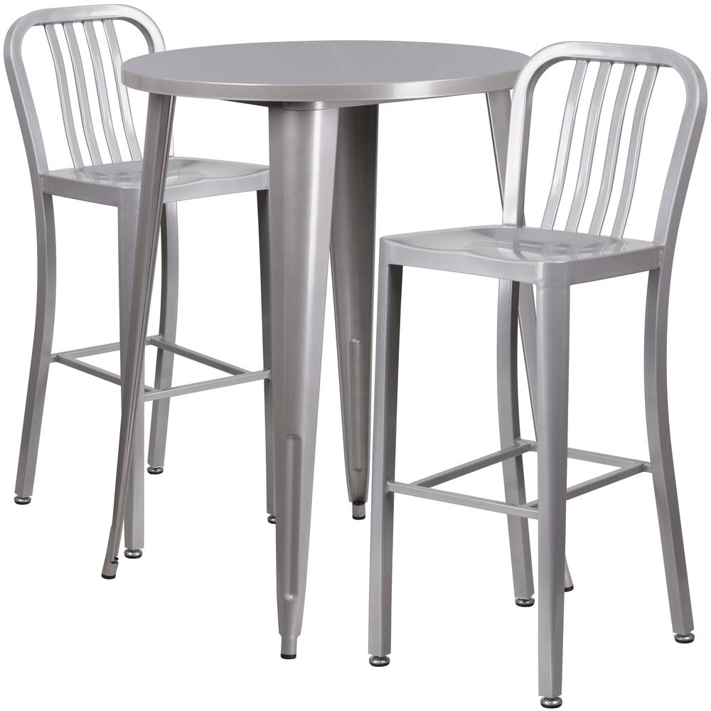 Commercial Grade 30" Round Silver Metal Indoor-Outdoor Bar Table Set with 2 Vertical Slat Back Stools. Picture 1