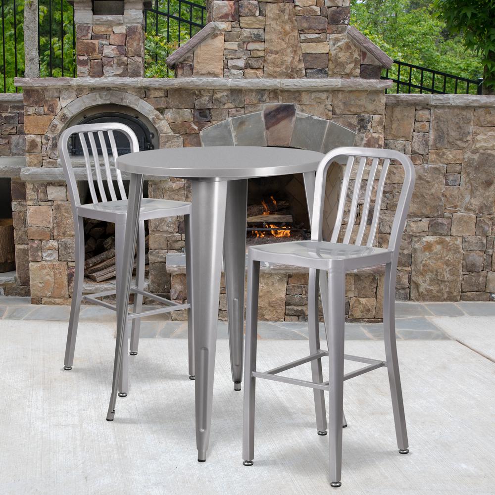 Commercial Grade 30" Round Silver Metal Indoor-Outdoor Bar Table Set with 2 Vertical Slat Back Stools. Picture 4