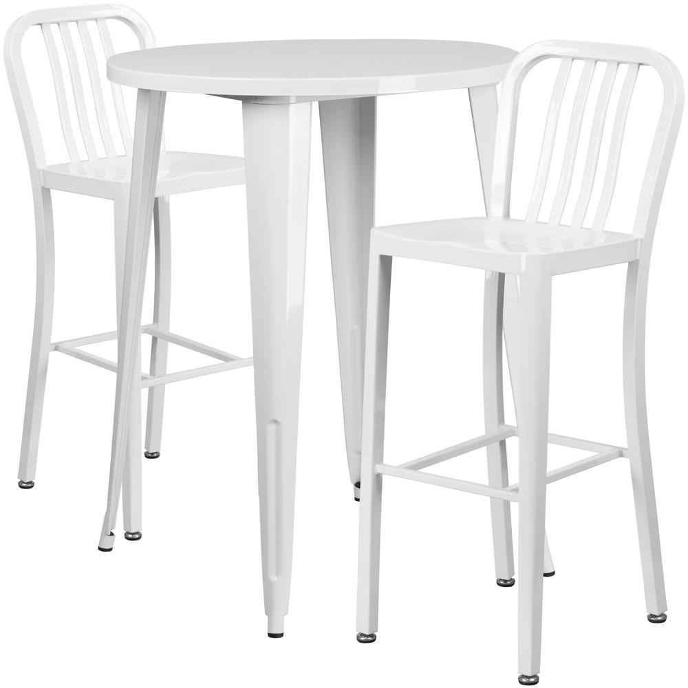 Commercial Grade 30" Round White Metal Indoor-Outdoor Bar Table Set with 2 Vertical Slat Back Stools. Picture 1
