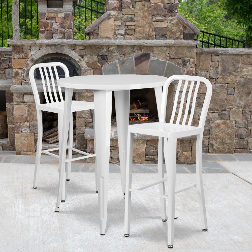Commercial Grade 30" Round White Metal Indoor-Outdoor Bar Table Set with 2 Vertical Slat Back Stools. Picture 4