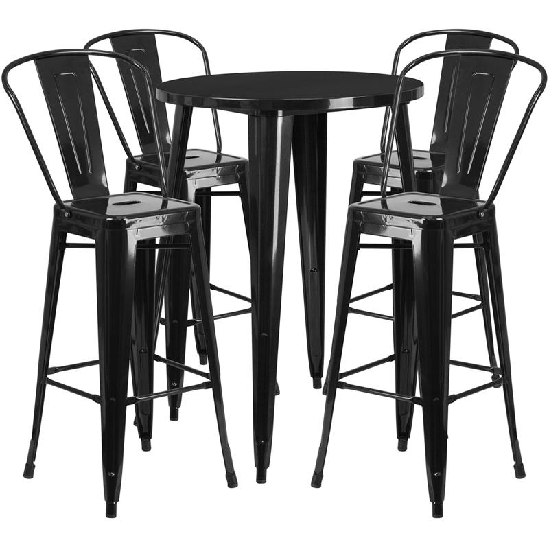 Commercial Grade 30" Round Black Metal Indoor-Outdoor Bar Table Set with 4 Cafe Stools. The main picture.