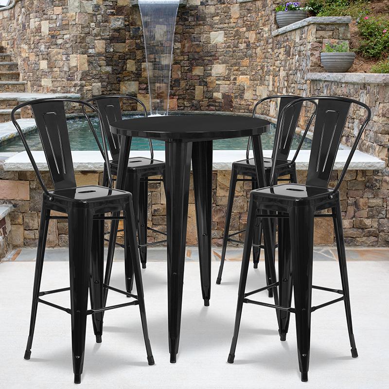 30'' Round Black Metal Indoor-Outdoor Bar Table Set with 4 Cafe Stools. Picture 1