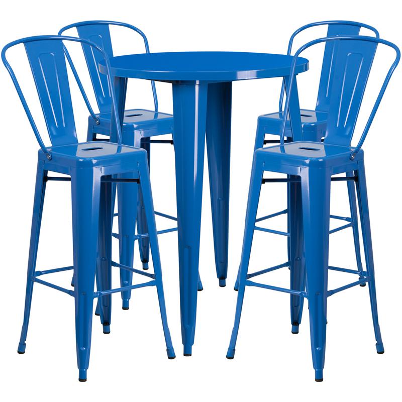 30'' Round Blue Metal Indoor-Outdoor Bar Table Set with 4 Cafe Stools. Picture 2