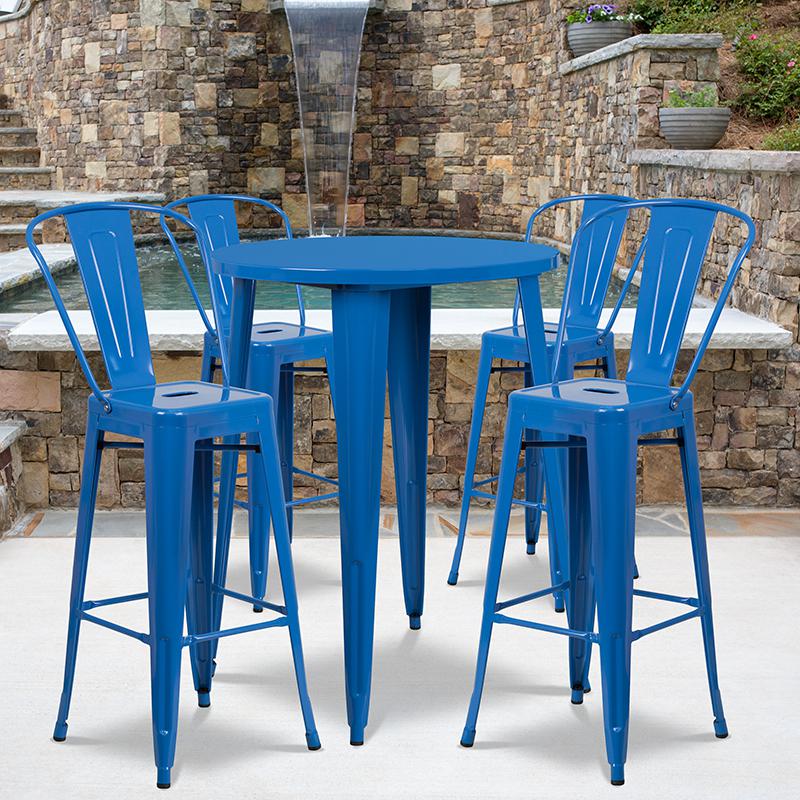 30'' Round Blue Metal Indoor-Outdoor Bar Table Set with 4 Cafe Stools. Picture 1