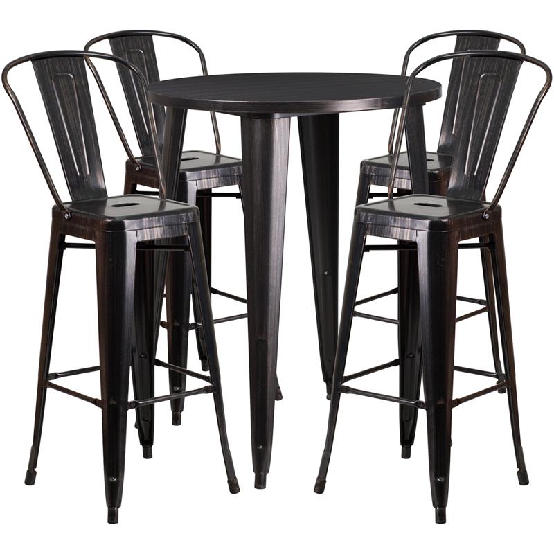 Commercial Grade 30" Round Black-Antique Gold Metal Indoor-Outdoor Bar Table Set with 4 Cafe Stools. Picture 1