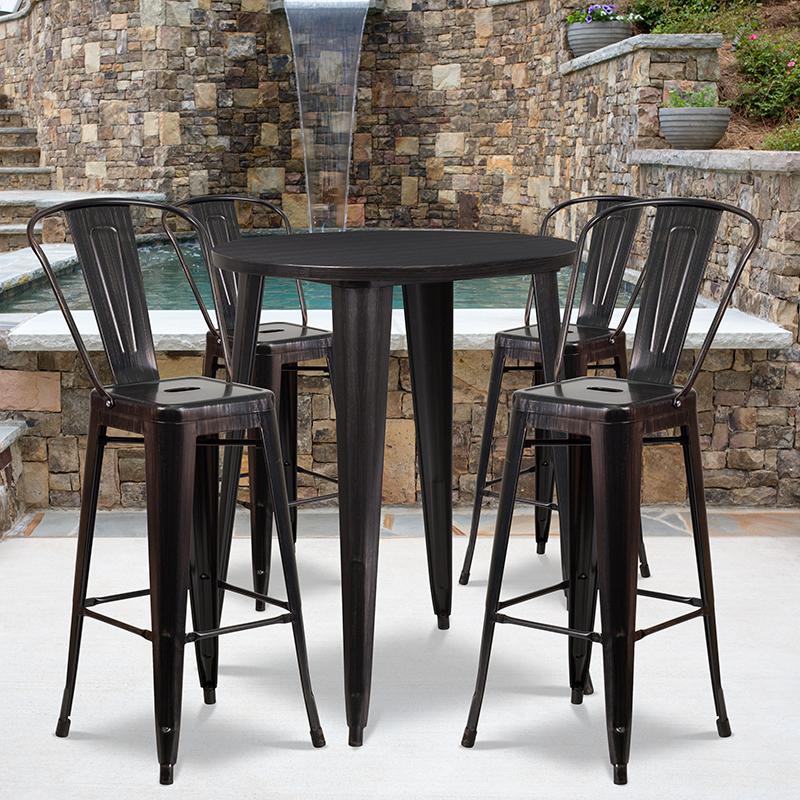 Commercial Grade 30" Round Black-Antique Gold Metal Indoor-Outdoor Bar Table Set with 4 Cafe Stools. Picture 4