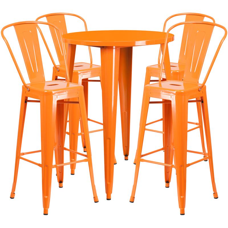 Commercial Grade 30" Round Orange Metal Indoor-Outdoor Bar Table Set with 4 Cafe Stools. Picture 1