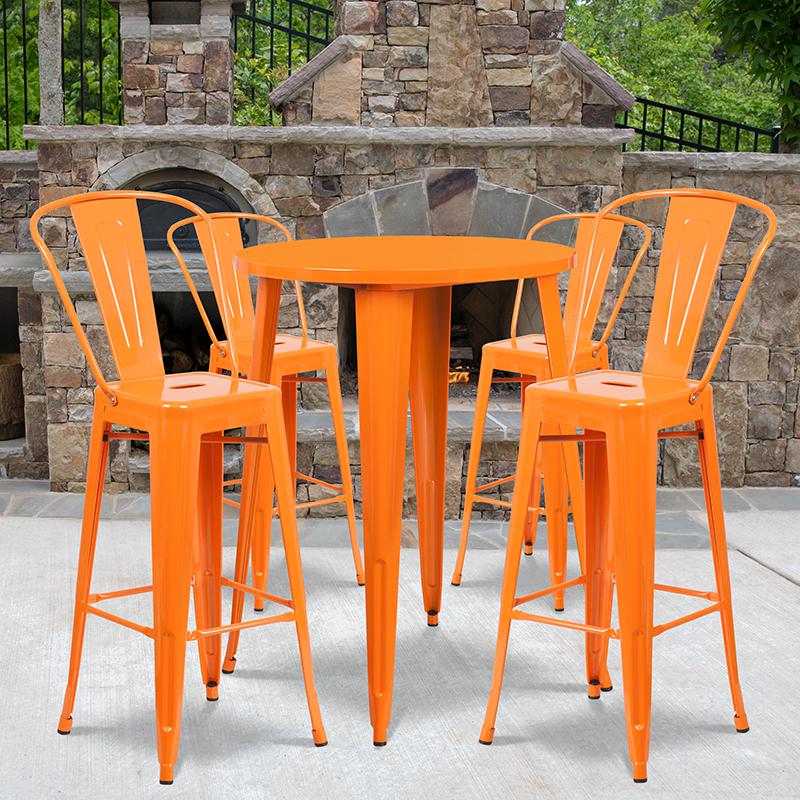 30" Round Orange Metal Indoor-Outdoor Bar Table Set with 4 Cafe Stools. Picture 1