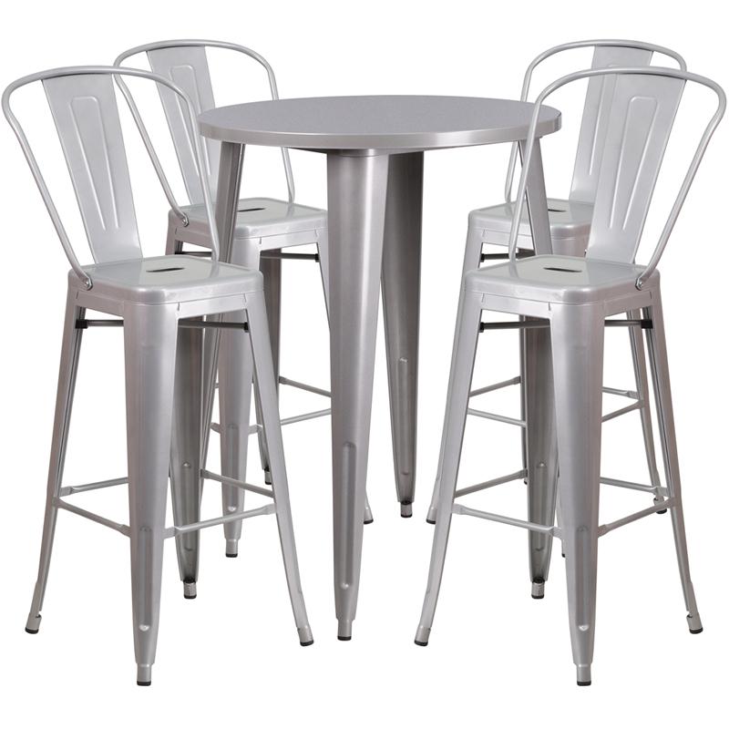 Commercial Grade 30" Round Silver Metal Indoor-Outdoor Bar Table Set with 4 Cafe Stools. Picture 1