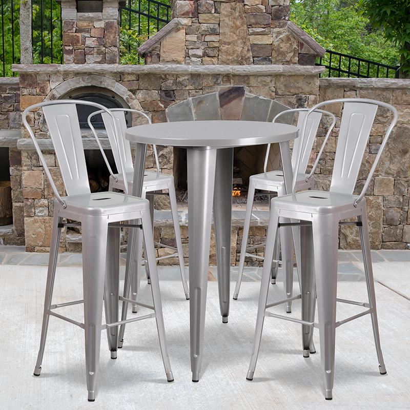 Commercial Grade 30" Round Silver Metal Indoor-Outdoor Bar Table Set with 4 Cafe Stools. Picture 4