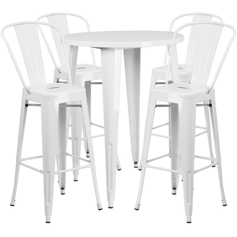Commercial Grade 30" Round White Metal Indoor-Outdoor Bar Table Set with 4 Cafe Stools. Picture 1