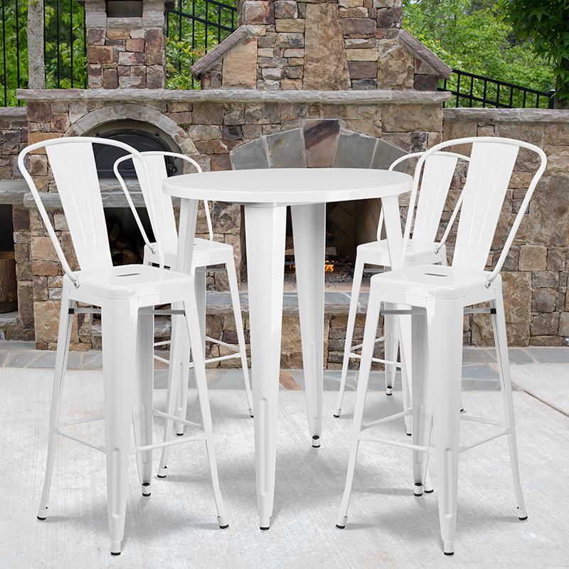 30" Round White Metal Indoor-Outdoor Bar Table Set with 4 Cafe Stools. Picture 1