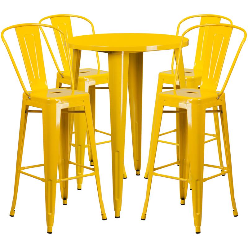 Commercial Grade 30" Round Yellow Metal Indoor-Outdoor Bar Table Set with 4 Cafe Stools. Picture 1