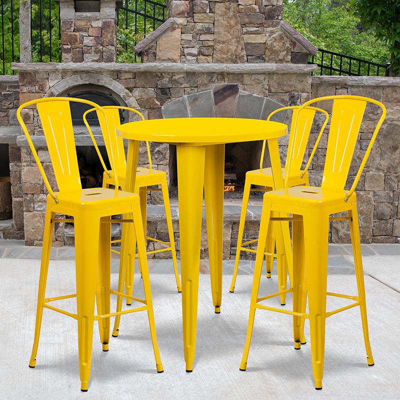 Commercial Grade 30" Round Yellow Metal Indoor-Outdoor Bar Table Set with 4 Cafe Stools. Picture 4