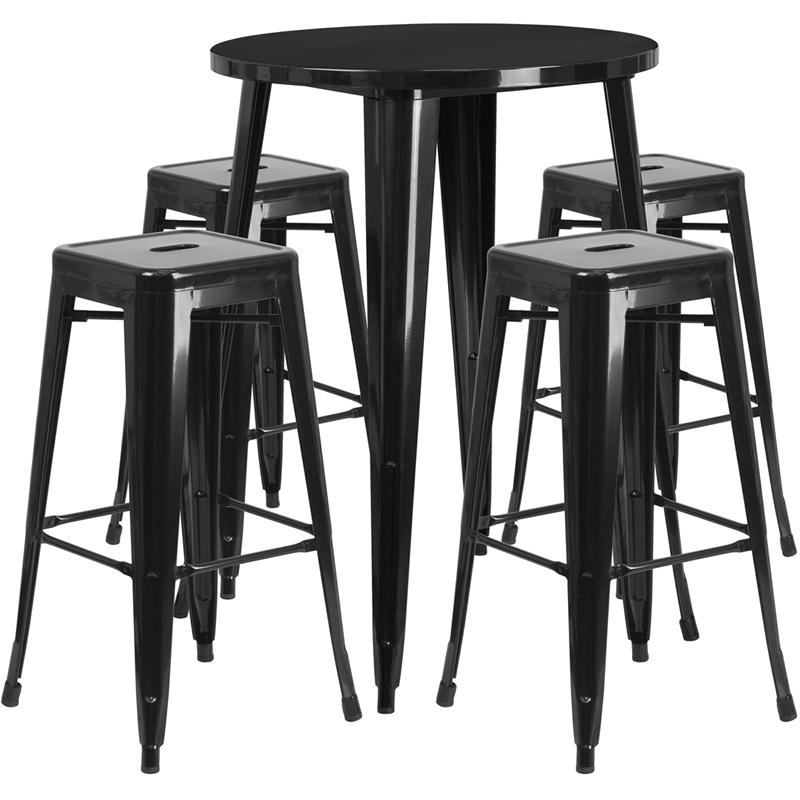 Commercial Grade 30" Round Black Metal Indoor-Outdoor Bar Table Set with 4 Square Seat Backless Stools. Picture 1