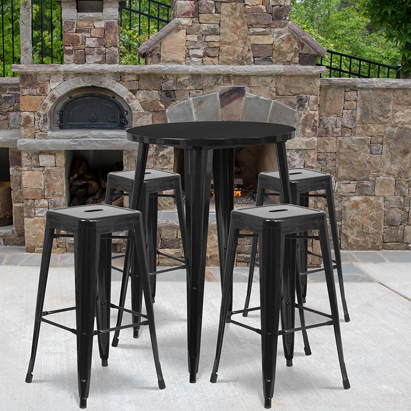 30" Round Black Metal Indoor-Outdoor Bar Table Set with 4 Seat Backless Stools. Picture 1
