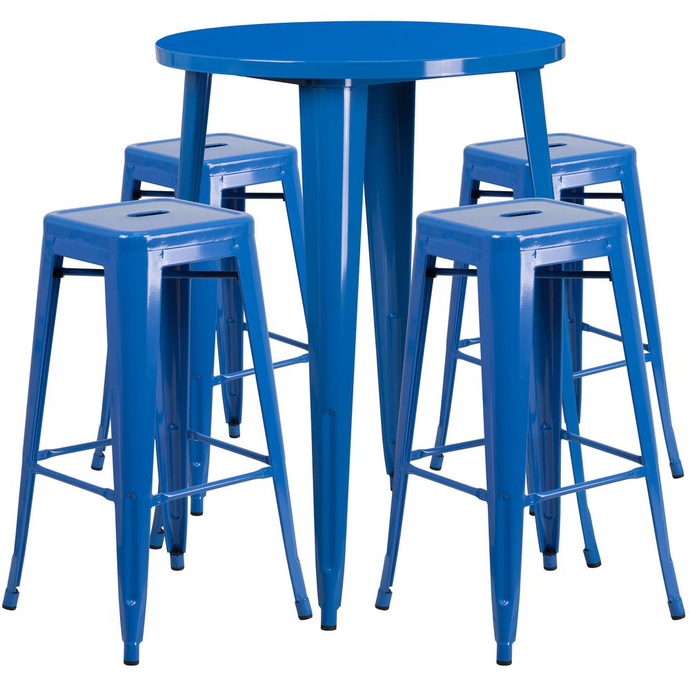 Commercial Grade 30" Round Blue Metal Indoor-Outdoor Bar Table Set with 4 Square Seat Backless Stools. Picture 1